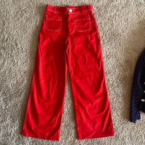 ZARA TRAFALUC COLLECTION RED WIDE LEG CARPENTER PANTS WHITE STIRCHING SMALL